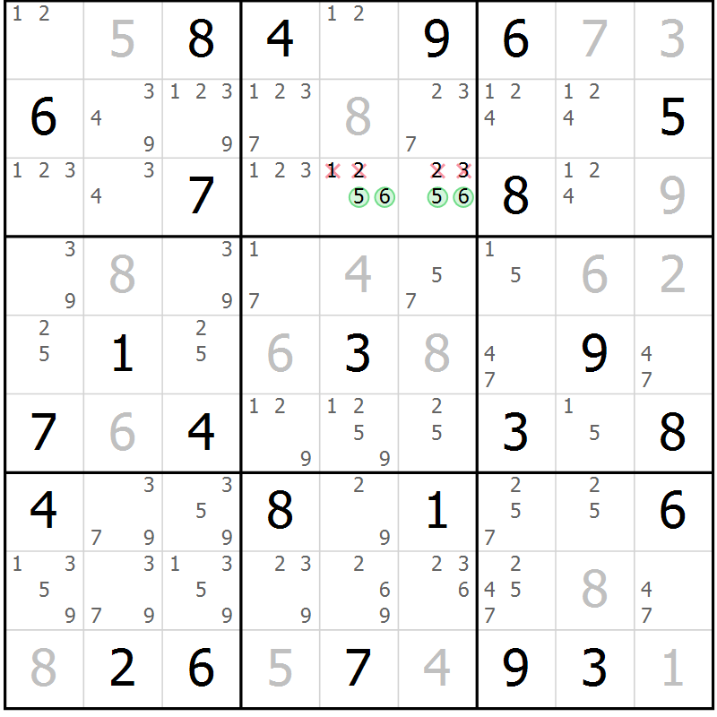Position des candidats pour la solution de la Gr 62 page 65 du magazine de sudoku Maestro n° 103