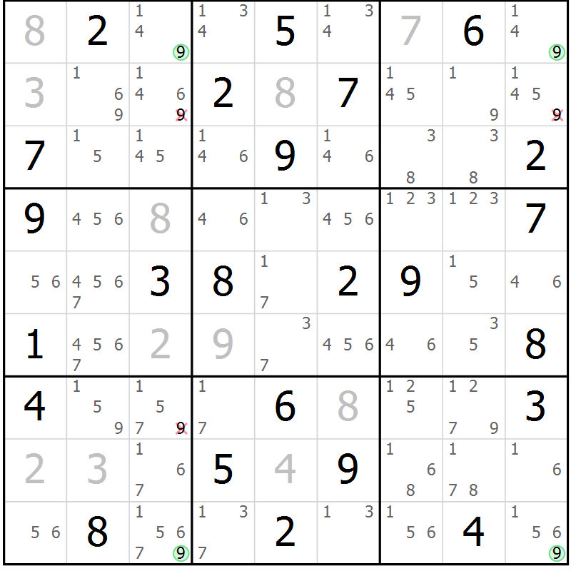 Position des candidats pour la solution de la Gr 63 page 66 du magazine de sudoku Maestro n° 103