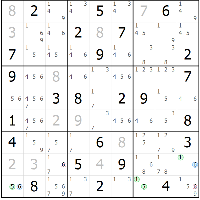 Position des candidats pour la solution de la Gr 63 page 66 du magazine de sudoku Maestro n° 103