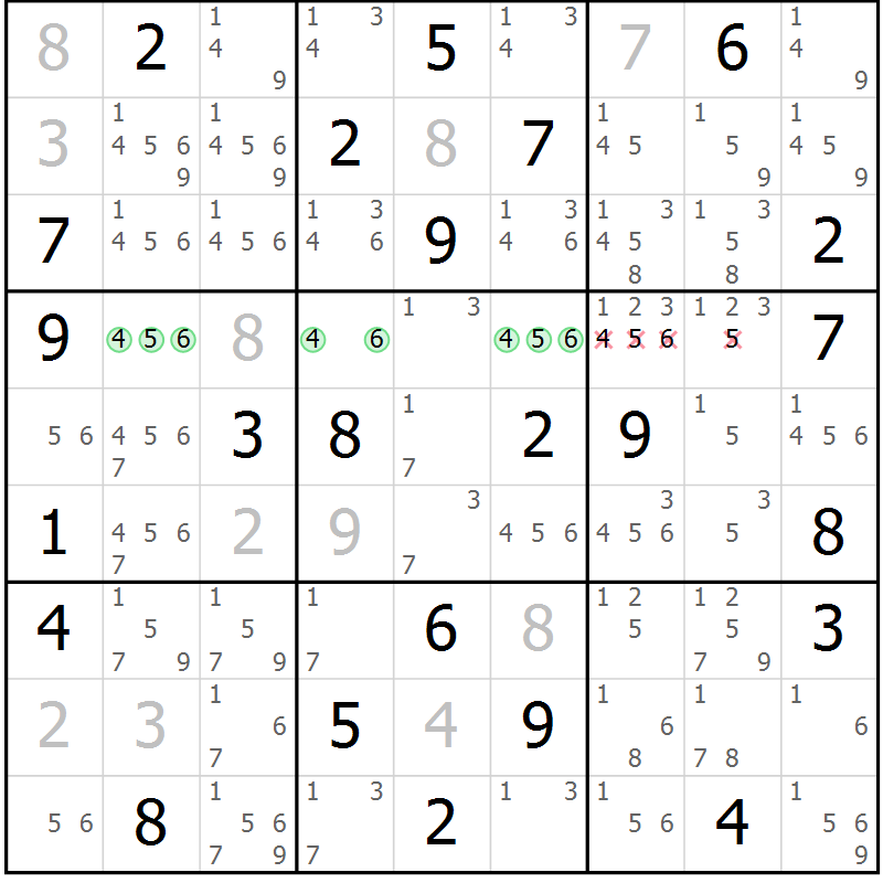 Position des candidats pour la solution de la Gr 63 page 66 du magazine de sudoku Maestro n° 103
