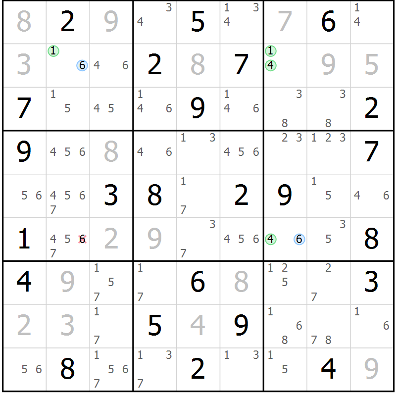 Position des candidats pour la solution de la Gr 63 page 66 du magazine de sudoku Maestro n° 103