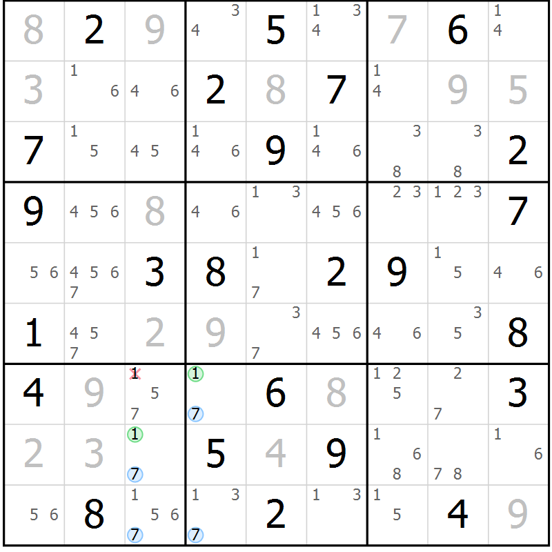 Position des candidats pour la solution de la Gr 63 page 66 du magazine de sudoku Maestro n° 103
