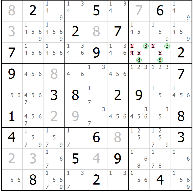 Position des candidats pour la solution de la Gr 63 page 66 du magazine de sudoku Maestro n° 103