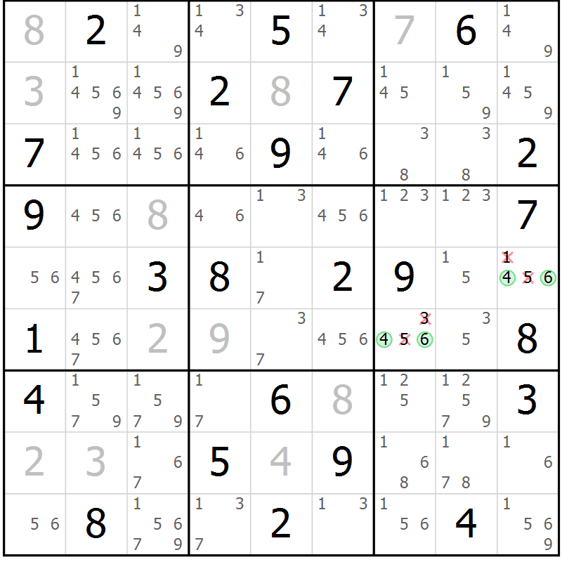 Position des candidats pour la solution de la Gr 63 page 66 du magazine de sudoku Maestro n° 103