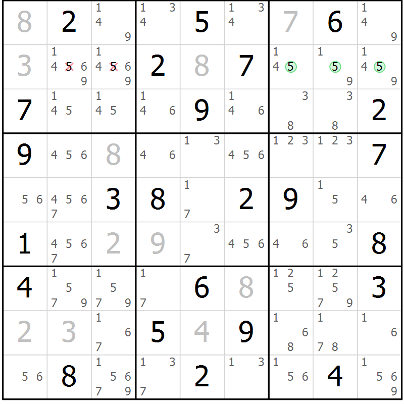 Position des candidats pour la solution de la Gr 63 page 66 du magazine de sudoku Maestro n° 103