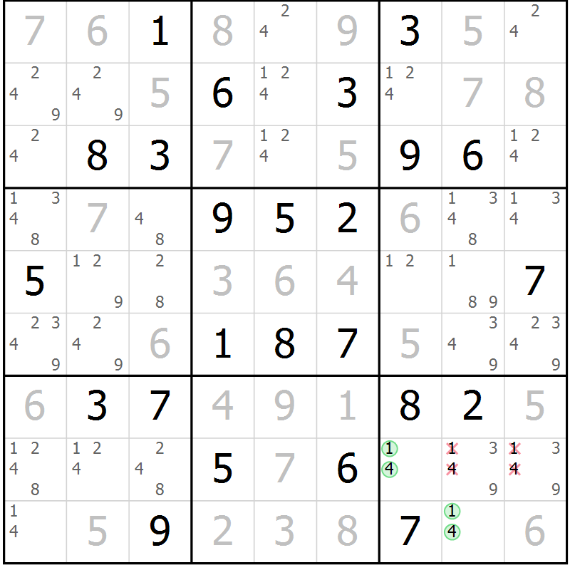 Position des candidats pour la solution de la Gr 64 page 67 du magazine de sudoku Maestro n° 103