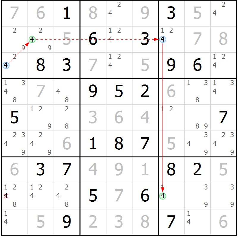 Position des candidats pour la solution de la Gr 64 page 67 du magazine de sudoku Maestro n° 103