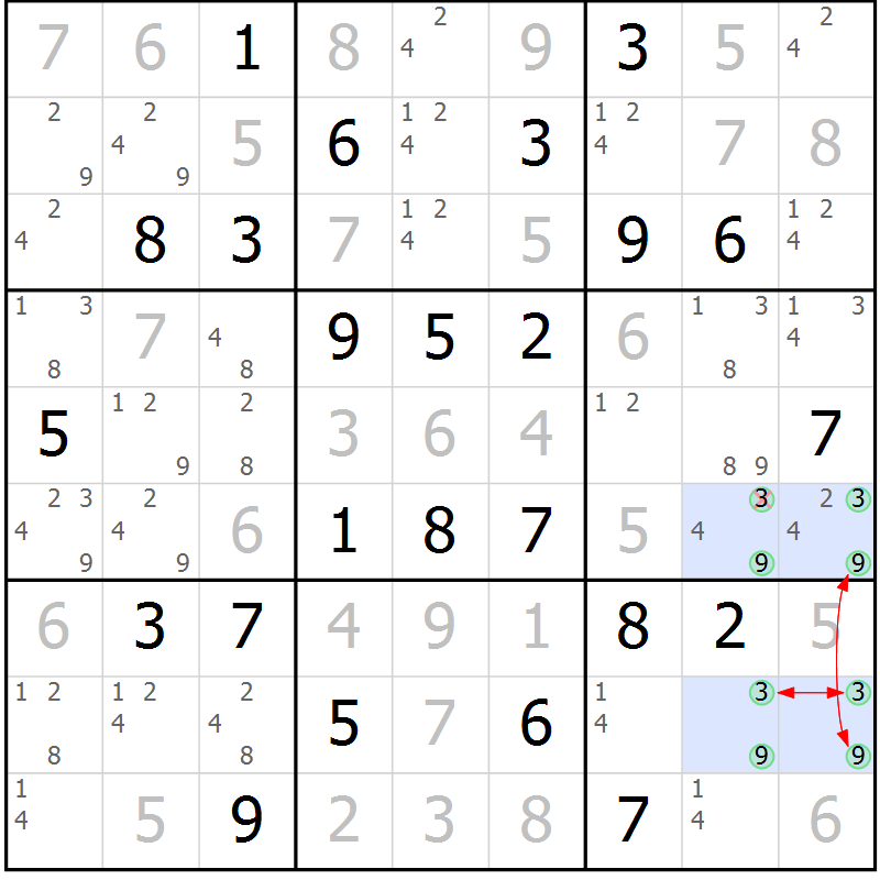 Position des candidats pour la solution de la Gr 64 page 67 du magazine de sudoku Maestro n° 103