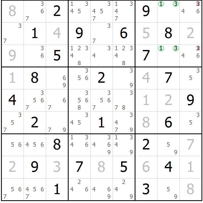 Position des candidats pour la solution de la Gr 65 page 68 du magazine de sudoku Maestro n° 103
