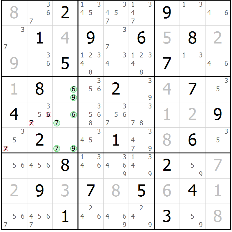 Position des candidats pour la solution de la Gr 65 page 68 du magazine de sudoku Maestro n° 103