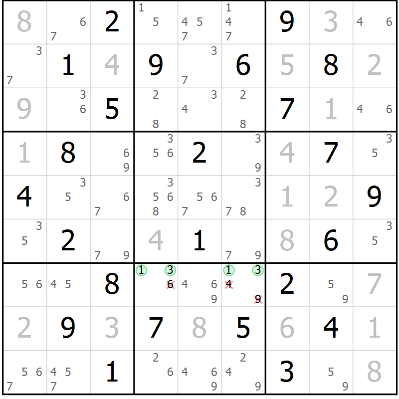 Position des candidats pour la solution de la Gr 65 page 68 du magazine de sudoku Maestro n° 103