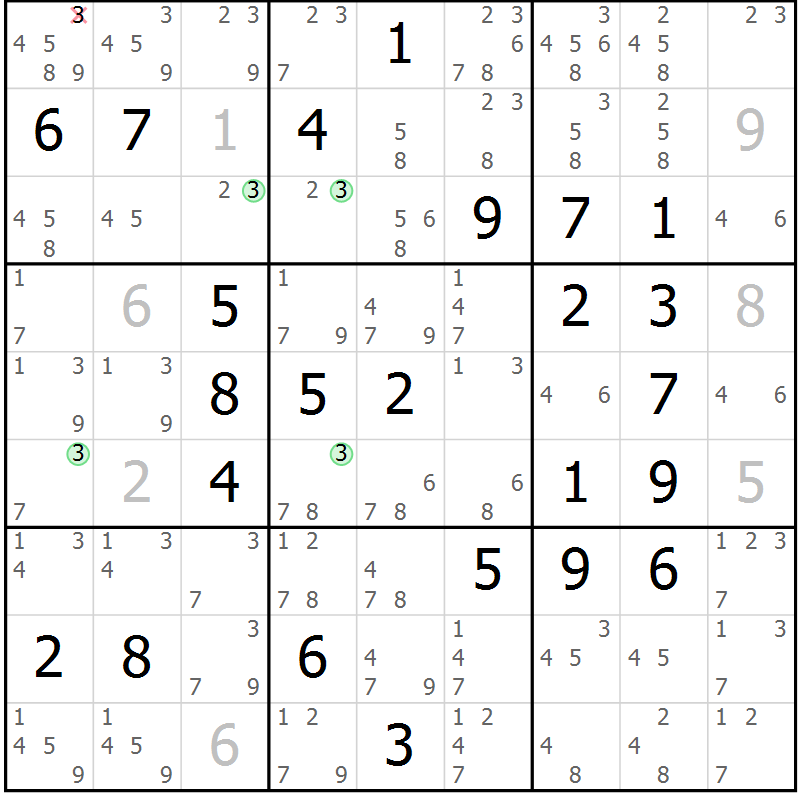 Position des candidats pour la solution de la Gr 67 page 70 du magazine de sudoku Maestro n° 103