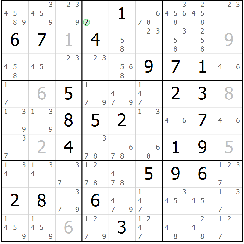 Position des candidats pour la solution de la Gr 67 page 70 du magazine de sudoku Maestro n° 103