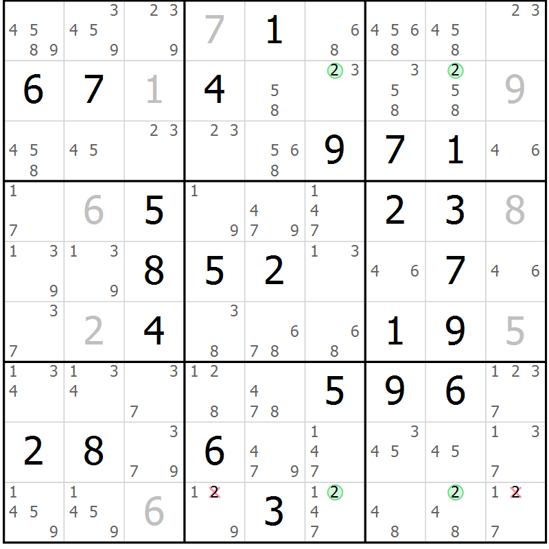 Position des candidats pour la solution de la Gr 67 page 70 du magazine de sudoku Maestro n° 103