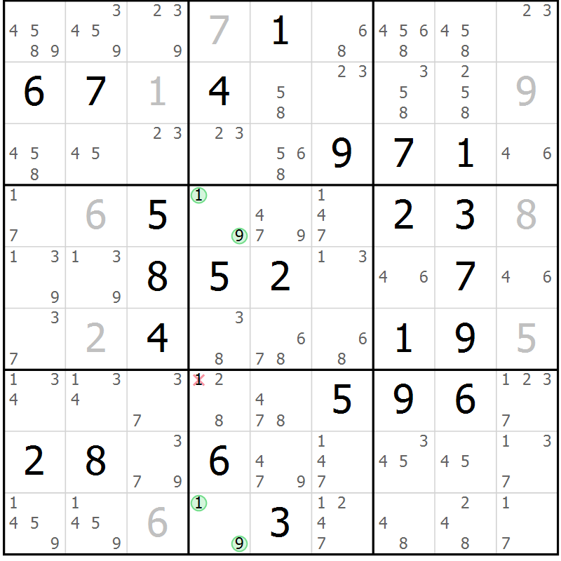 Position des candidats pour la solution de la Gr 67 page 70 du magazine de sudoku Maestro n° 103