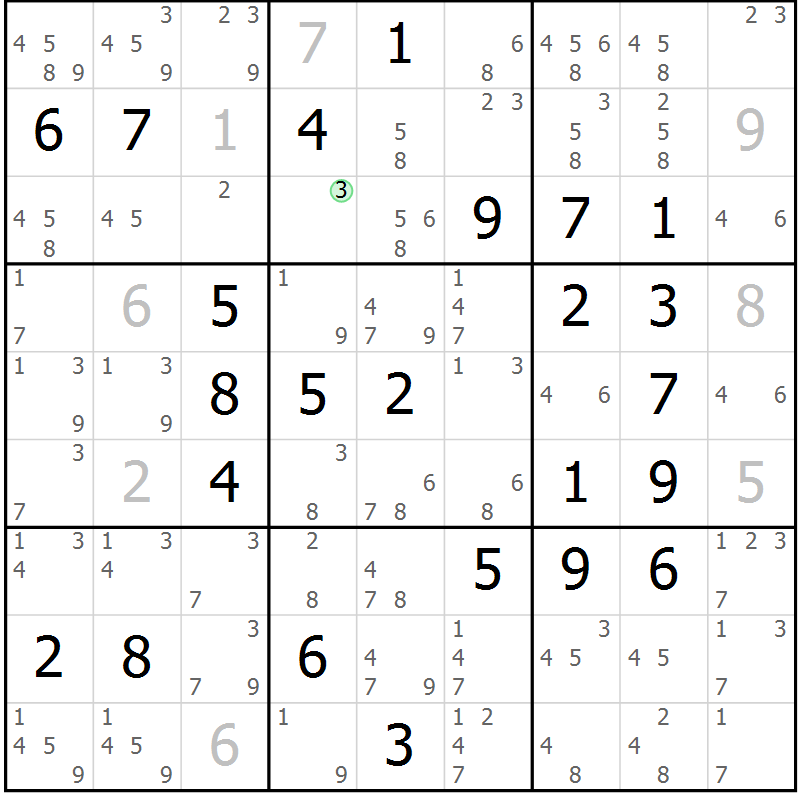 Position des candidats pour la solution de la Gr 67 page 70 du magazine de sudoku Maestro n° 103