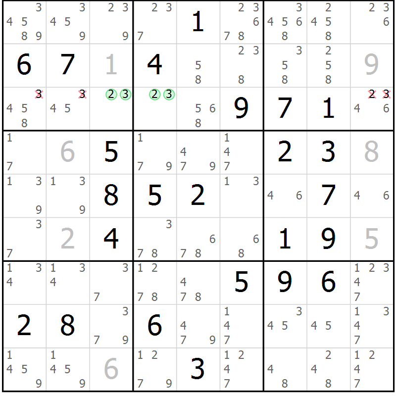 Position des candidats pour la solution de la Gr 67 page 70 du magazine de sudoku Maestro n° 103