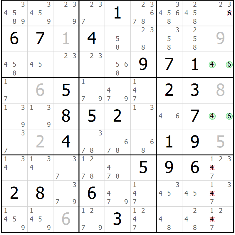 Position des candidats pour la solution de la Gr 67 page 70 du magazine de sudoku Maestro n° 103