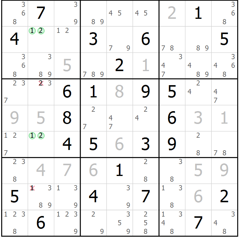 Position des candidats pour la solution de la Gr 68 page 71 du magazine de sudoku Maestro n° 103