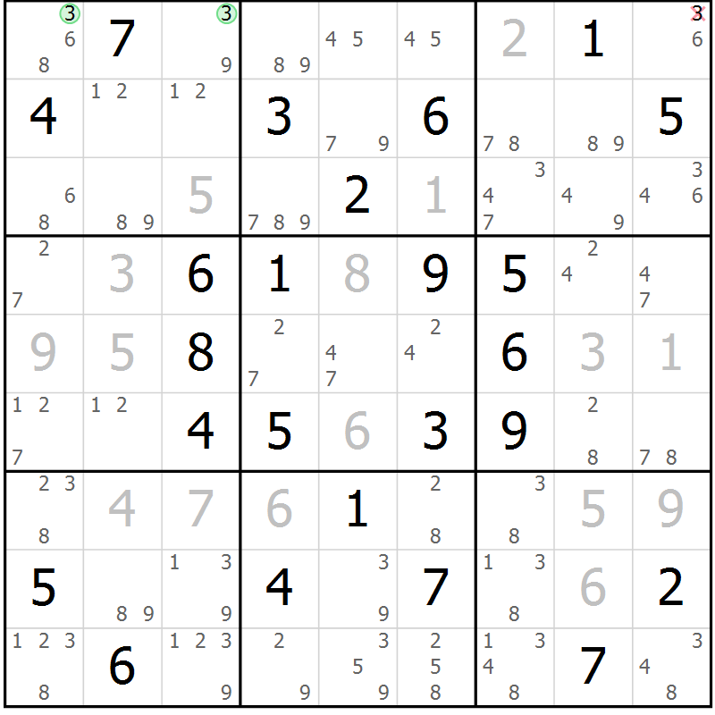 Position des candidats pour la solution de la Gr 68 page 71 du magazine de sudoku Maestro n° 103
