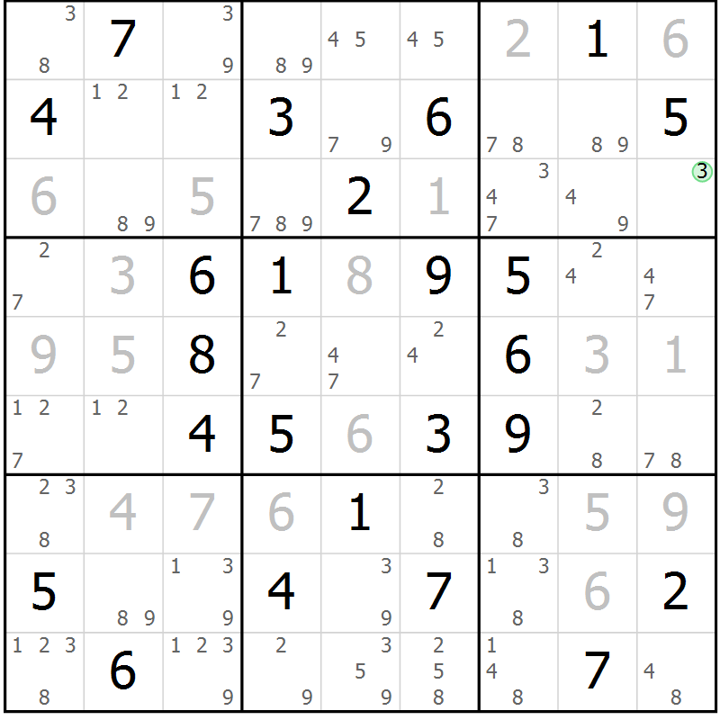 Position des candidats pour la solution de la Gr 68 page 71 du magazine de sudoku Maestro n° 103
