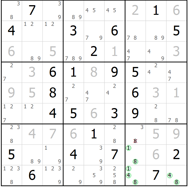 Position des candidats pour la solution de la Gr 68 page 71 du magazine de sudoku Maestro n° 103