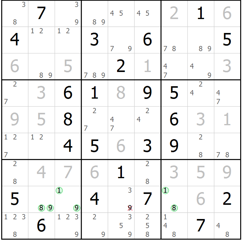 Position des candidats pour la solution de la Gr 68 page 71 du magazine de sudoku Maestro n° 103