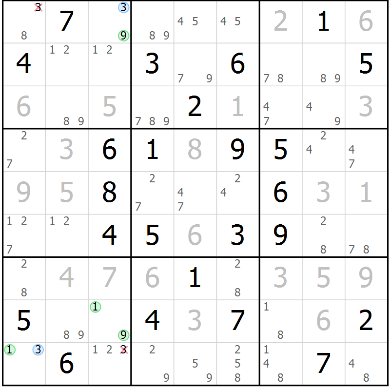 Position des candidats pour la solution de la Gr 68 page 71 du magazine de sudoku Maestro n° 103