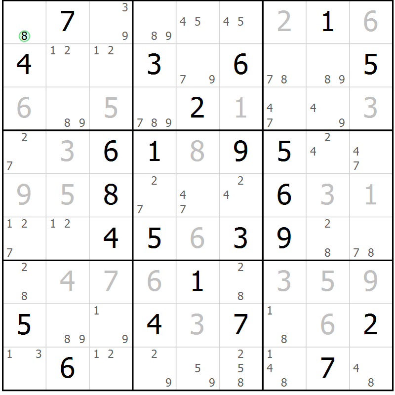 Position des candidats pour la solution de la Gr 68 page 71 du magazine de sudoku Maestro n° 103
