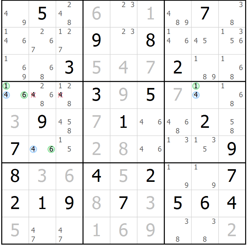 Position des candidats pour la solution de la Gr 69 page 72 du magazine de sudoku Maestro n° 103