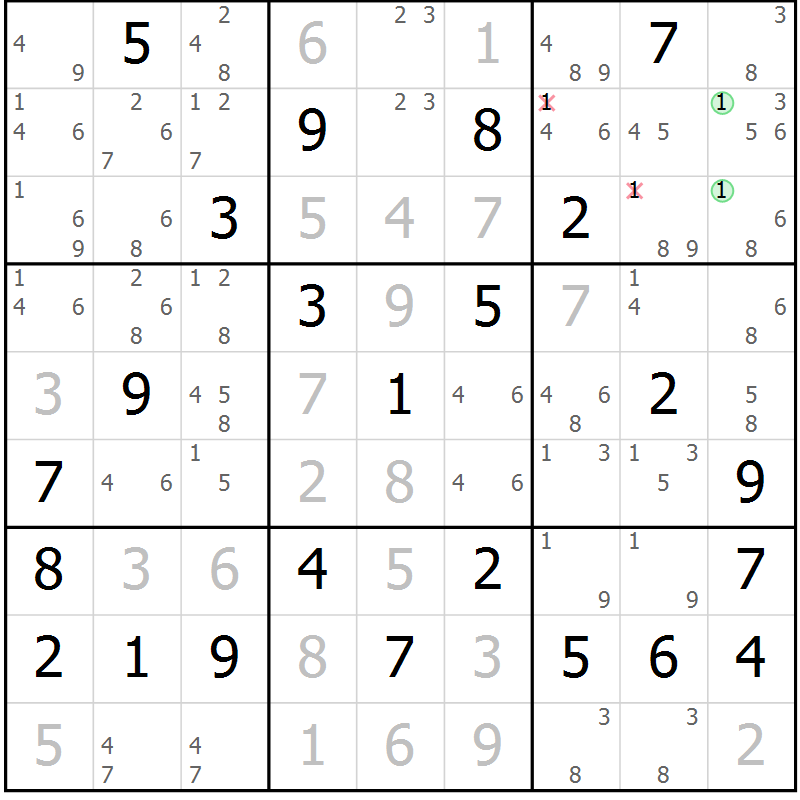 Position des candidats pour la solution de la Gr 69 page 72 du magazine de sudoku Maestro n° 103