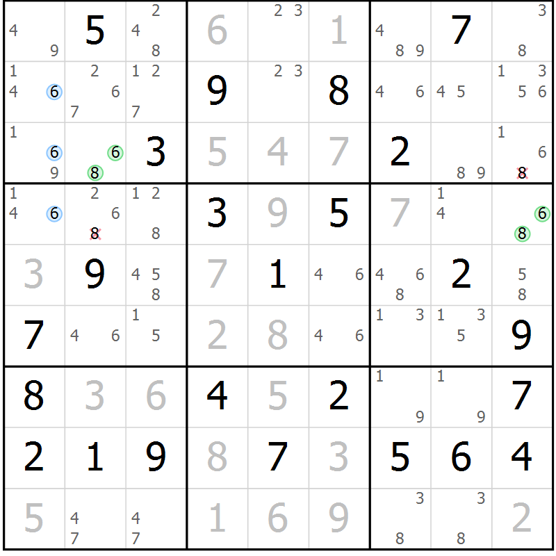 Position des candidats pour la solution de la Gr 69 page 72 du magazine de sudoku Maestro n° 103