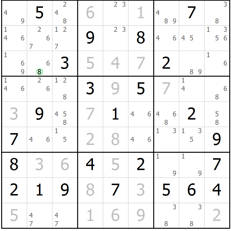 Position des candidats pour la solution de la Gr 69 page 72 du magazine de sudoku Maestro n° 103