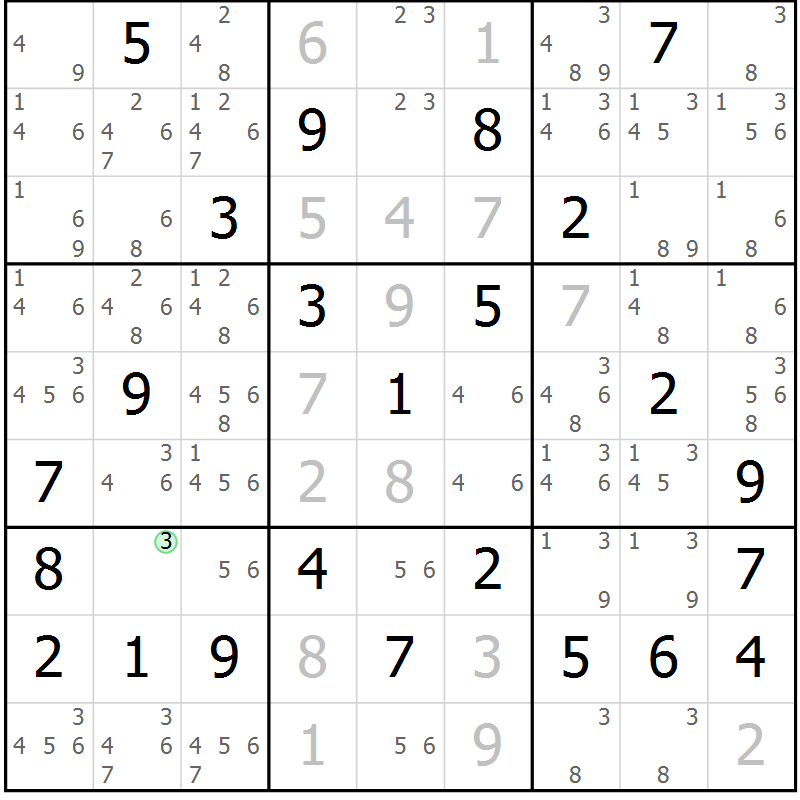 Position des candidats pour la solution de la Gr 69 page 72 du magazine de sudoku Maestro n° 103
