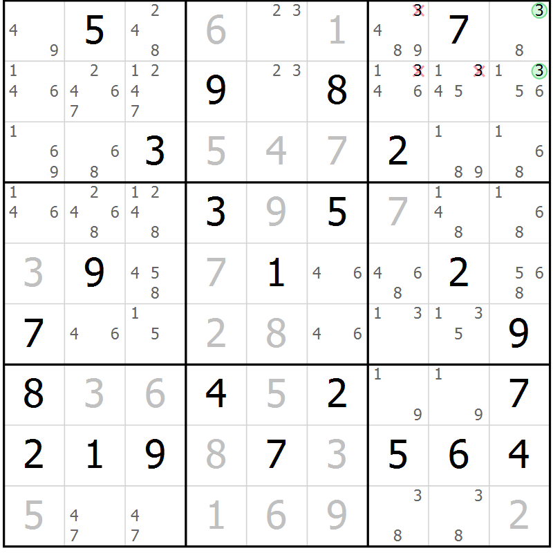 Position des candidats pour la solution de la Gr 69 page 72 du magazine de sudoku Maestro n° 103