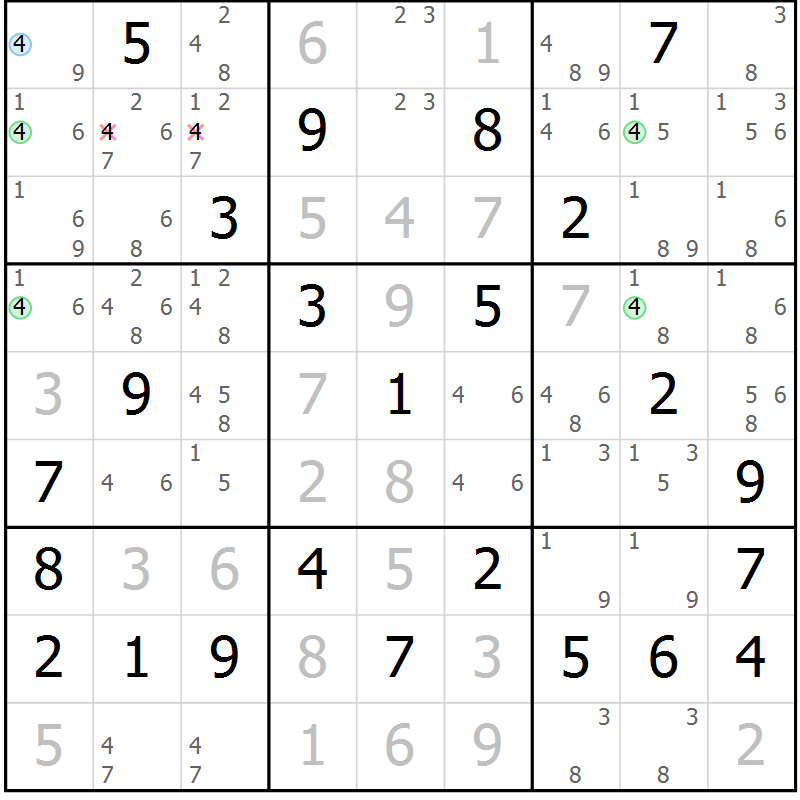 Position des candidats pour la solution de la Gr 69 page 72 du magazine de sudoku Maestro n° 103