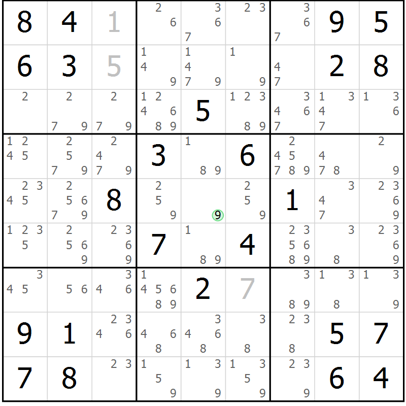 Position des candidats pour la solution de la Gr 7 page 10 du magazine de sudoku Maestro n° 103