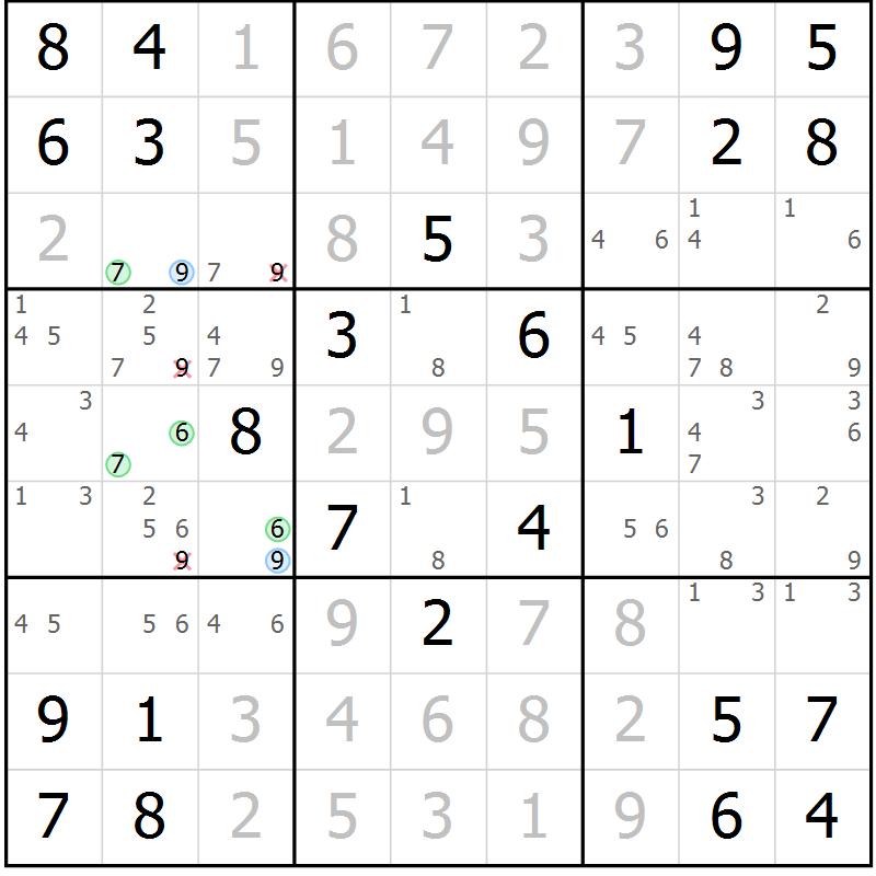 Position des candidats pour la solution de la Gr 7 page 10 du magazine de sudoku Maestro n° 103