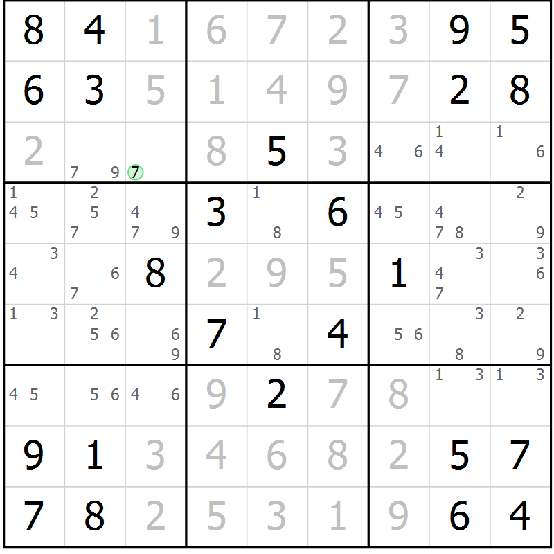 Position des candidats pour la solution de la Gr 7 page 10 du magazine de sudoku Maestro n° 103