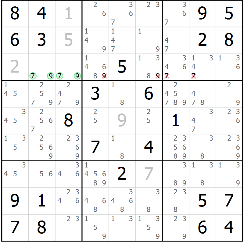 Position des candidats pour la solution de la Gr 7 page 10 du magazine de sudoku Maestro n° 103