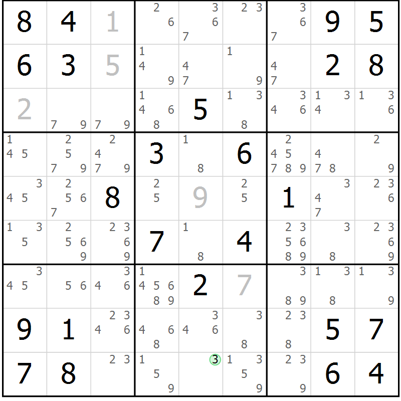 Position des candidats pour la solution de la Gr 7 page 10 du magazine de sudoku Maestro n° 103