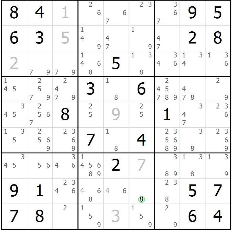 Position des candidats pour la solution de la Gr 7 page 10 du magazine de sudoku Maestro n° 103