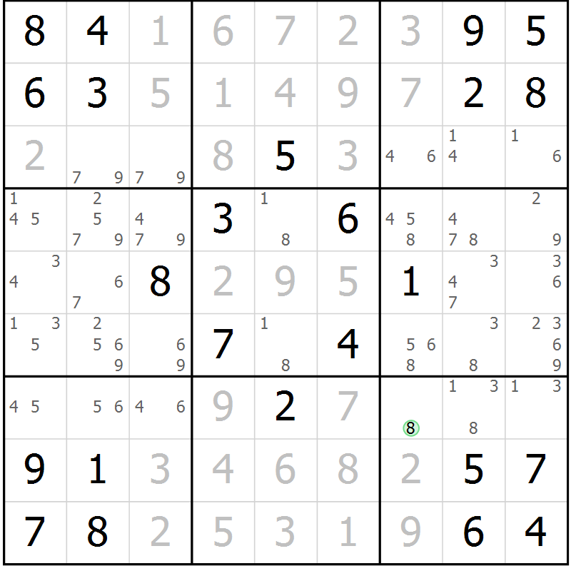 Position des candidats pour la solution de la Gr 7 page 10 du magazine de sudoku Maestro n° 103