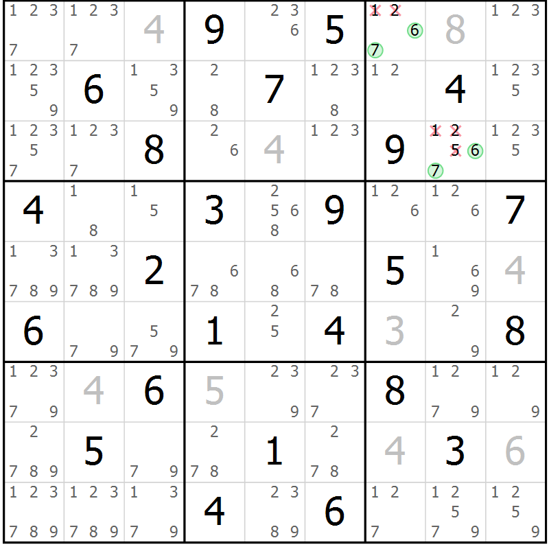 Position des candidats pour la solution de la Gr 70 page 73 du magazine de sudoku Maestro n° 103