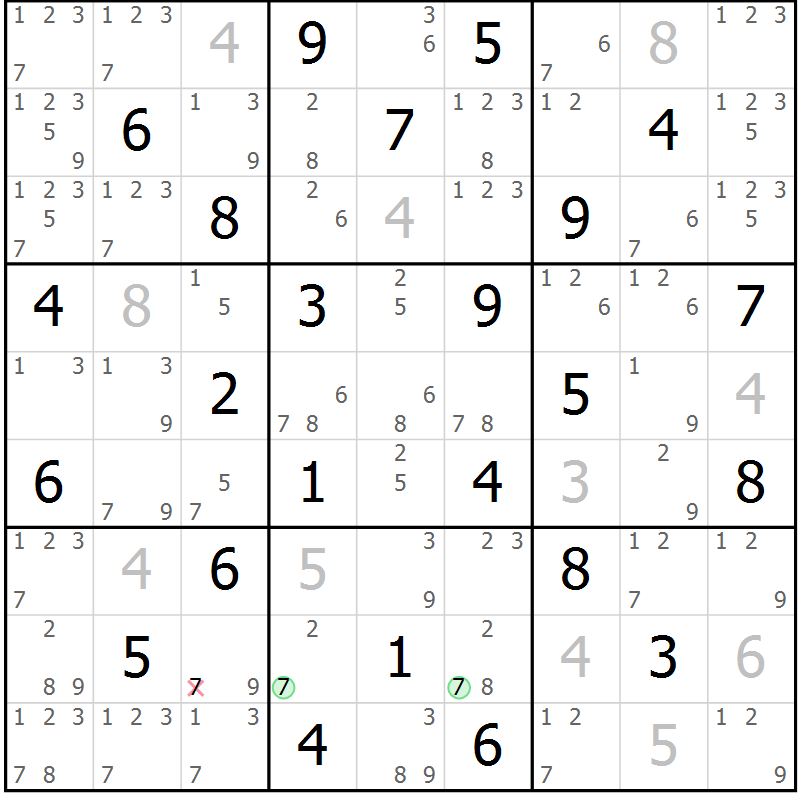 Position des candidats pour la solution de la Gr 70 page 73 du magazine de sudoku Maestro n° 103