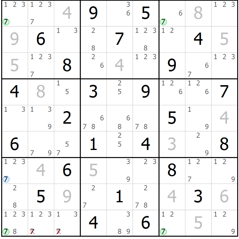 Position des candidats pour la solution de la Gr 70 page 73 du magazine de sudoku Maestro n° 103