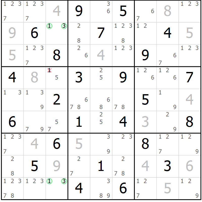 Position des candidats pour la solution de la Gr 70 page 73 du magazine de sudoku Maestro n° 103