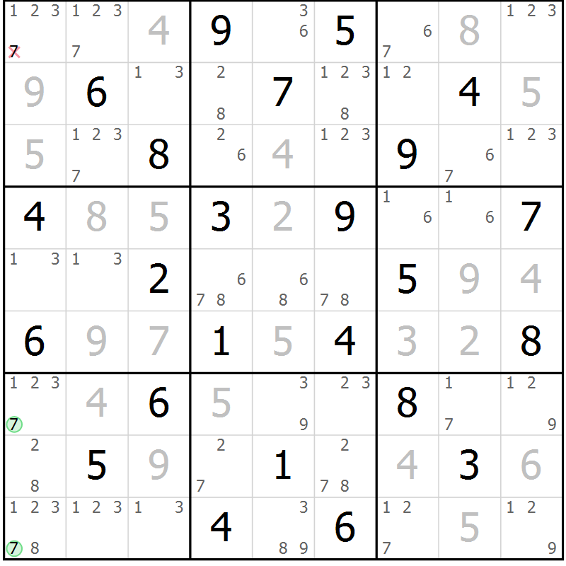 Position des candidats pour la solution de la Gr 70 page 73 du magazine de sudoku Maestro n° 103