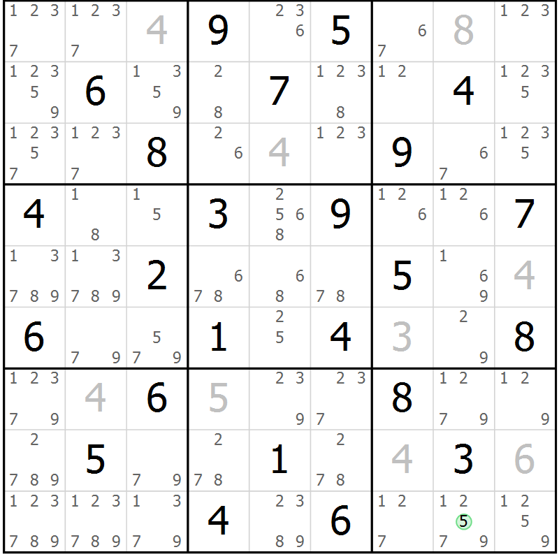 Position des candidats pour la solution de la Gr 70 page 73 du magazine de sudoku Maestro n° 103