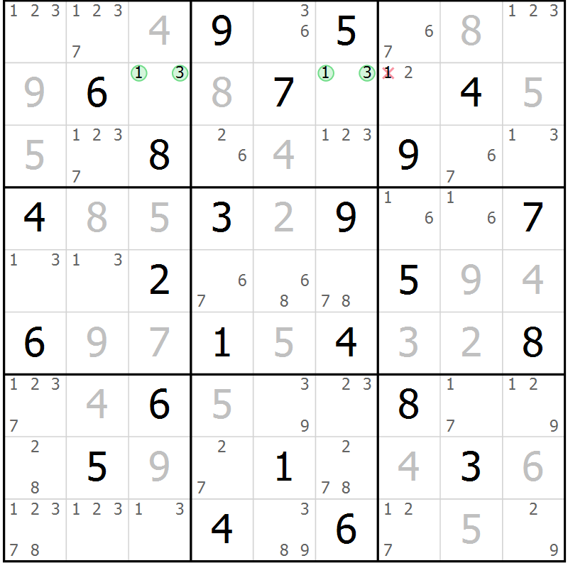 Position des candidats pour la solution de la Gr 70 page 73 du magazine de sudoku Maestro n° 103